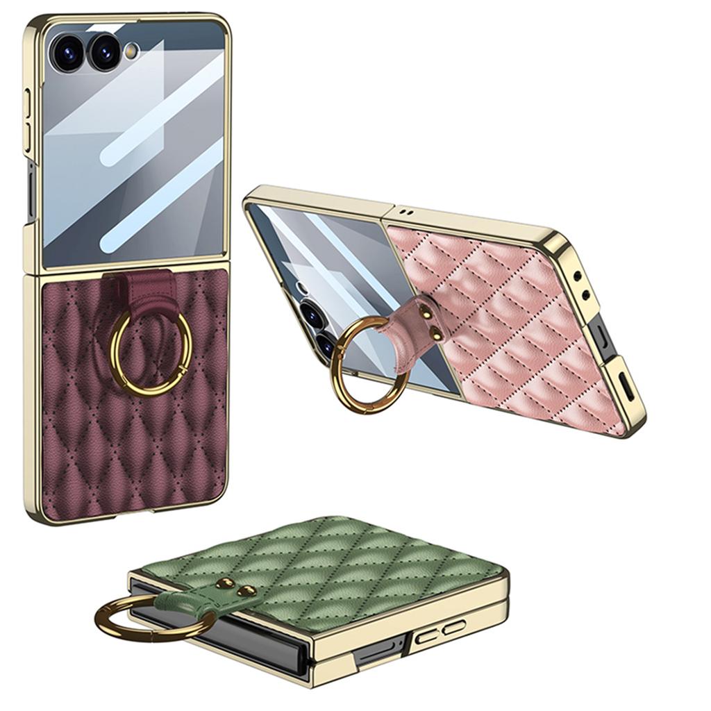Luxury Diamond Leather Ring Holder Case for Samsung Galaxy Z Flip 7 6 5 Screen Glass Plating Edge Cover for Galaxy Z Flip7 Case