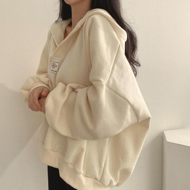 Women Loose Fashion Drop Shoulder Hooded Sweatshirt Top Large Size Solid Color Patch