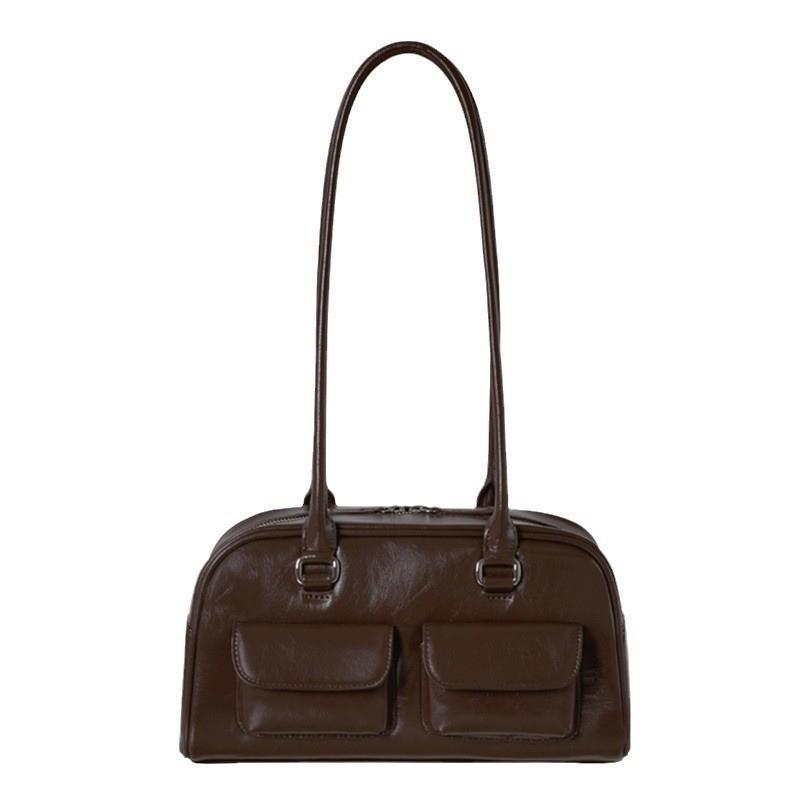 Retro Vintage Pu Tote Bowling Bag With Multiple Pockets For Daily Street Fashion