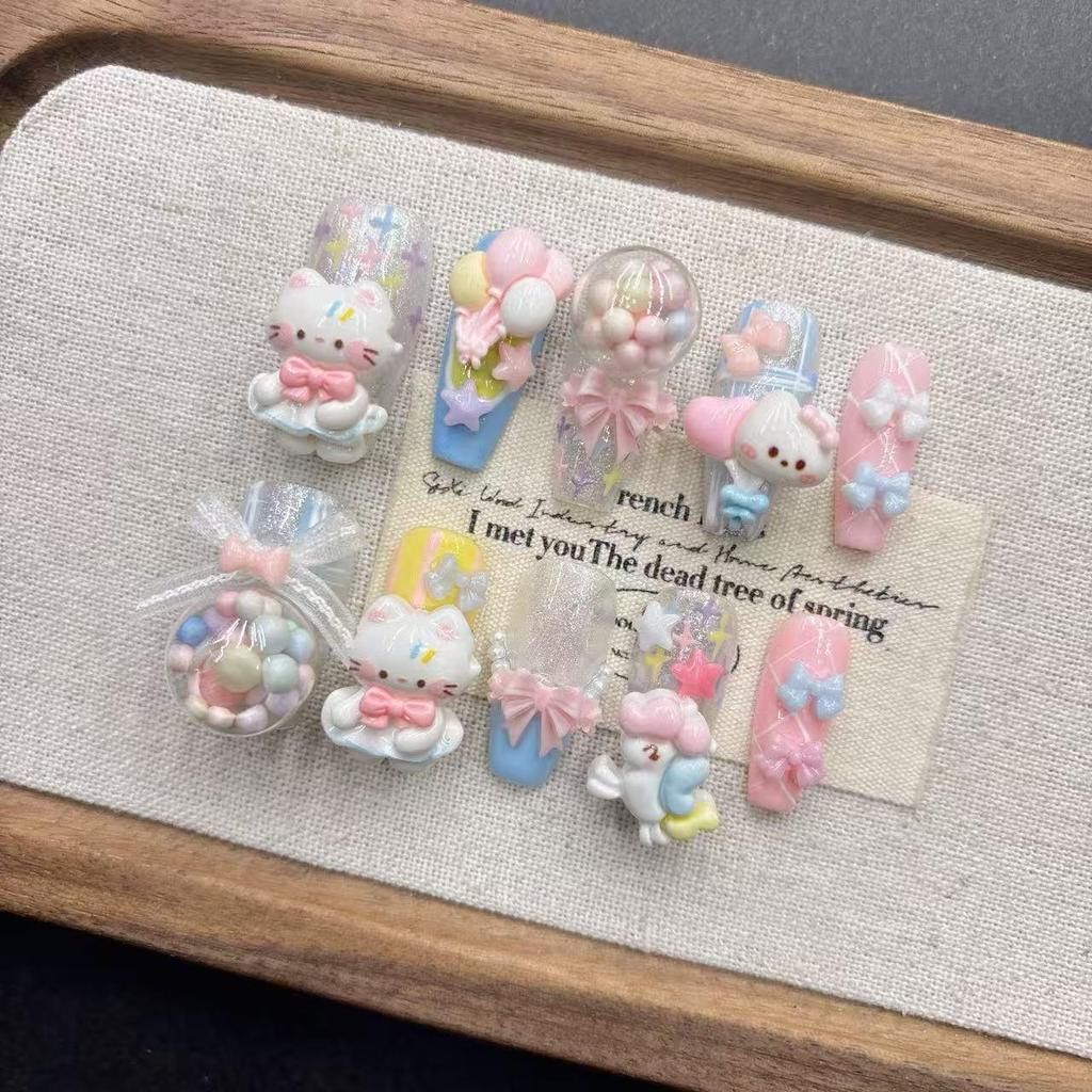 High-End Cartoon Kitten Nail Tips – Bestseller Medium-Long Pointed Handmade Whitening Nails