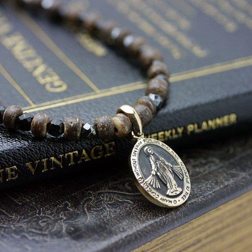 Silver One si Miraculous Medal Virgin Mary Necklace with Wood Beads, Black Spinel, and Hematite for Men (50cm + Adjustable Chain)