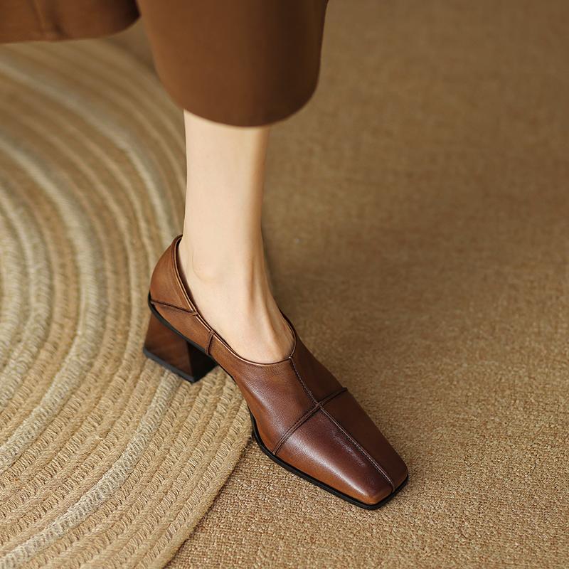 Fashion 2024 Spring/Autumn Women Shoes Square Toe High Heels Leather Chunky Heel Women Pumps Retro Slip on Black Shoes for Women