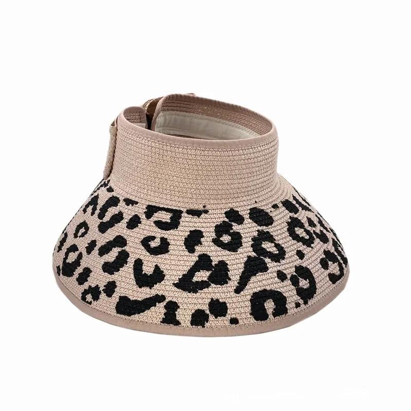 Women Leopard Print Sun Hat Summer Trendy Chic Bow Foldable Wide Brim Straw Cap For Beach Holiday