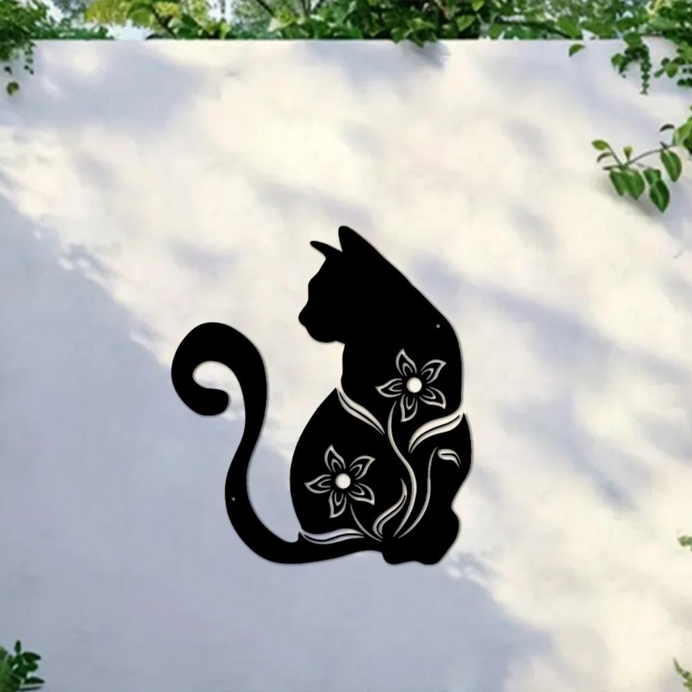 1pc Black Cat Metal Wall Art Floral Accents Home Decor 15.74 Inch for Living Room Bedroom Kitchen Outdoor Cat Decoration