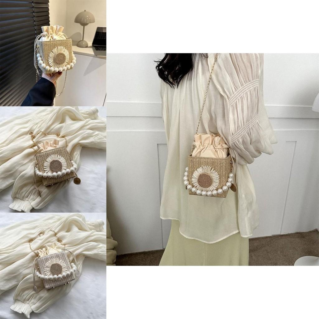 Stylish Woven Bucket Bag For Women Chic Shoulder Bag With Inner Pocket Beige Fashion Handbag