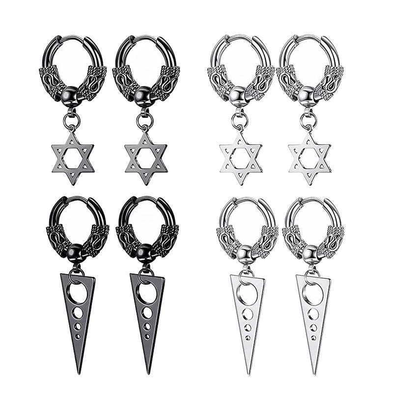 2PC Gothic Punk Stainless Steel Drop Hoop Earrings For Men/Women Ear Circle Buckle Tassel Chain Hip Hop Gothic Unisex Zircon