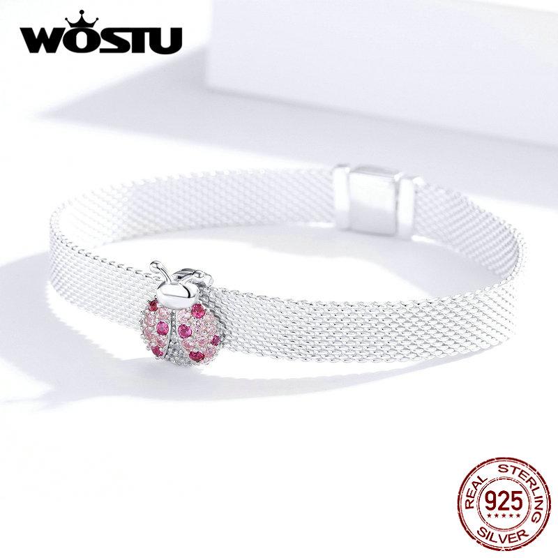 WOSTU 925 Silver Circle Charm Round CZ Bead Bead Clip Fit Reflection Charm Bracelet Jewelry Accessories CQX101
