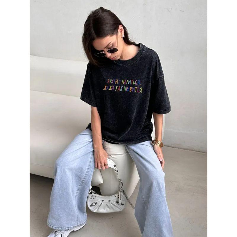 Western Style Fashion Washed Old Loose Print Cotton T-shirt Top Loose Printed T-shirt Top