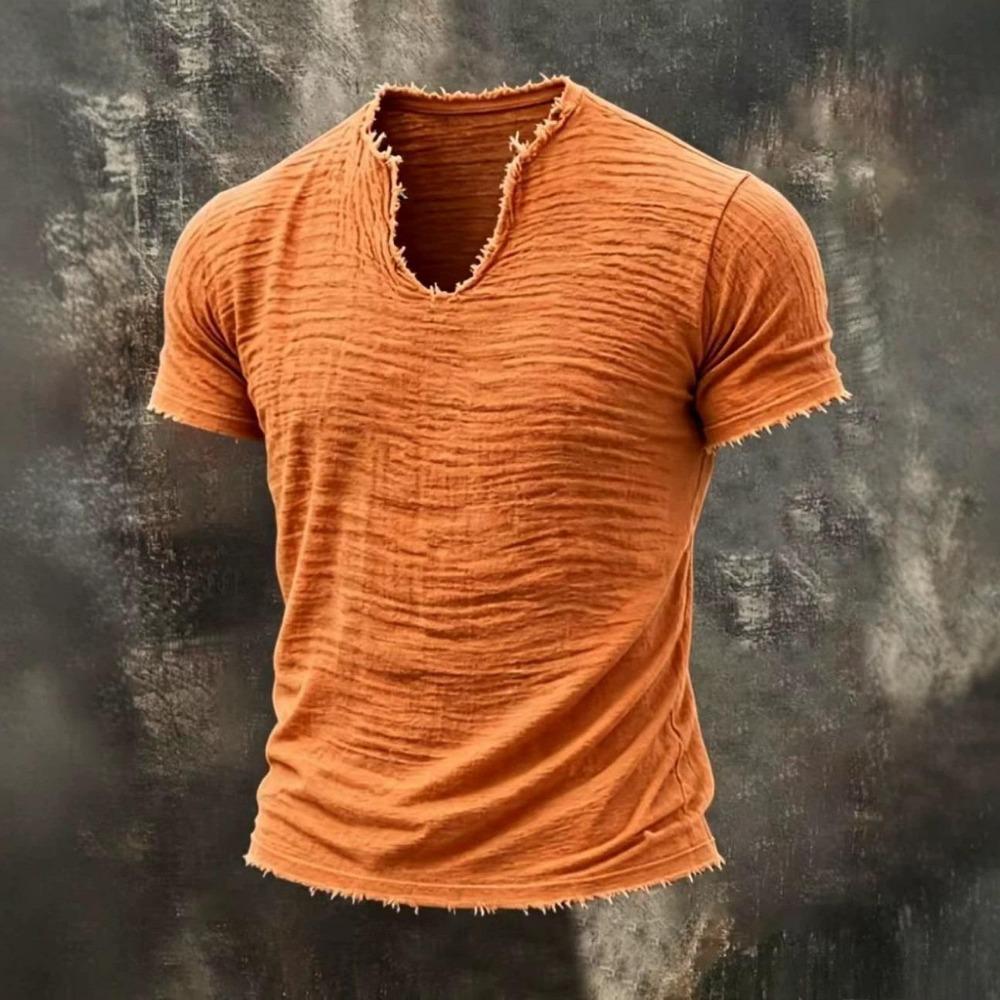 2026 Solid-color Men's Retro Cotton-Linen Mustache Edge Special V-Neck Short-Sleeve T-Shirt