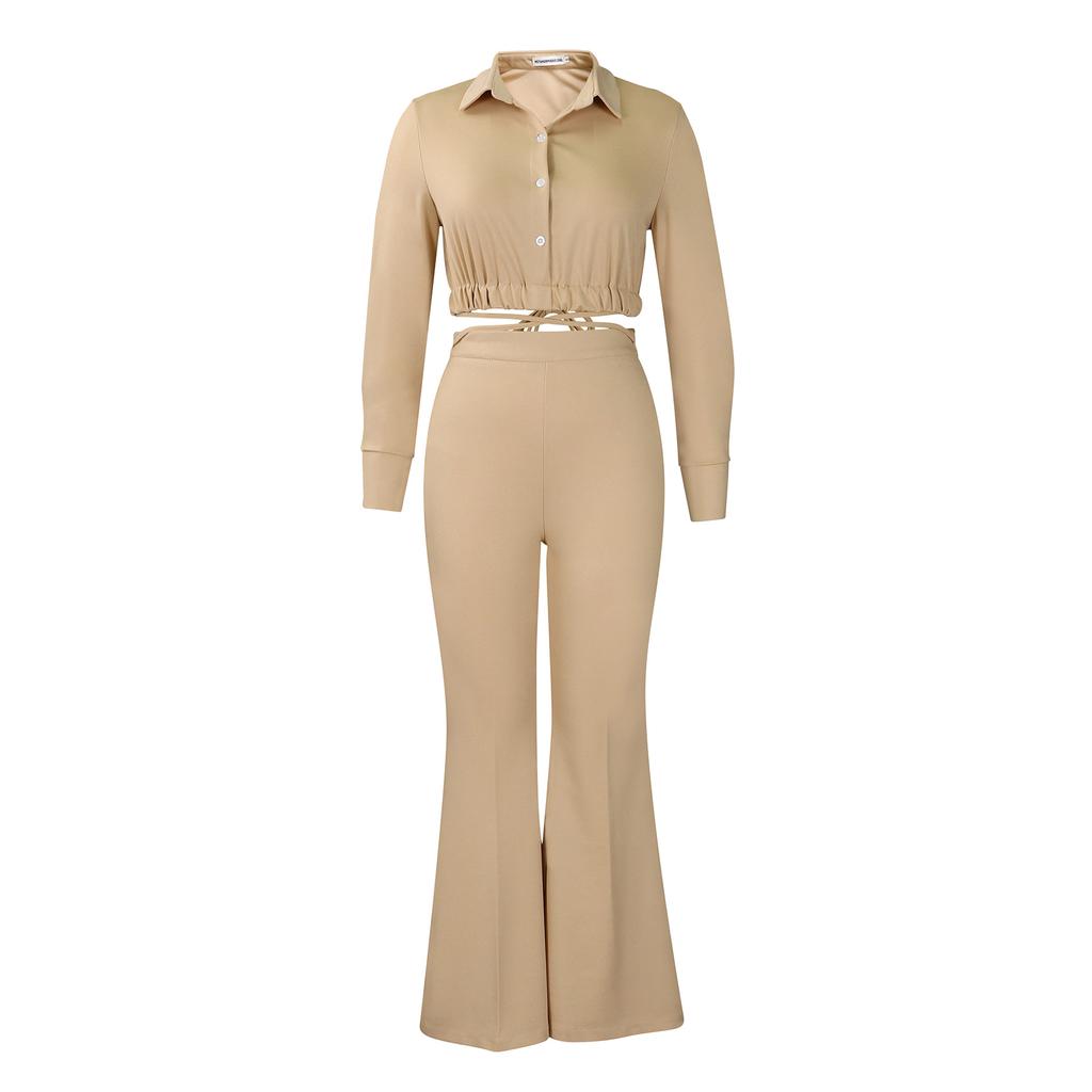 Dámská košile kalhoty plus size móda temperament klopa košile s vysokým pasem rozšířené kalhoty dvoudílný set