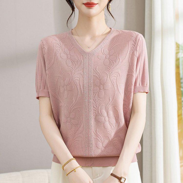 Chic Casual V-neck Short-sleeve T-shirt for Middle-aged & Elderly Women - Spring/Summer Pullover Top
