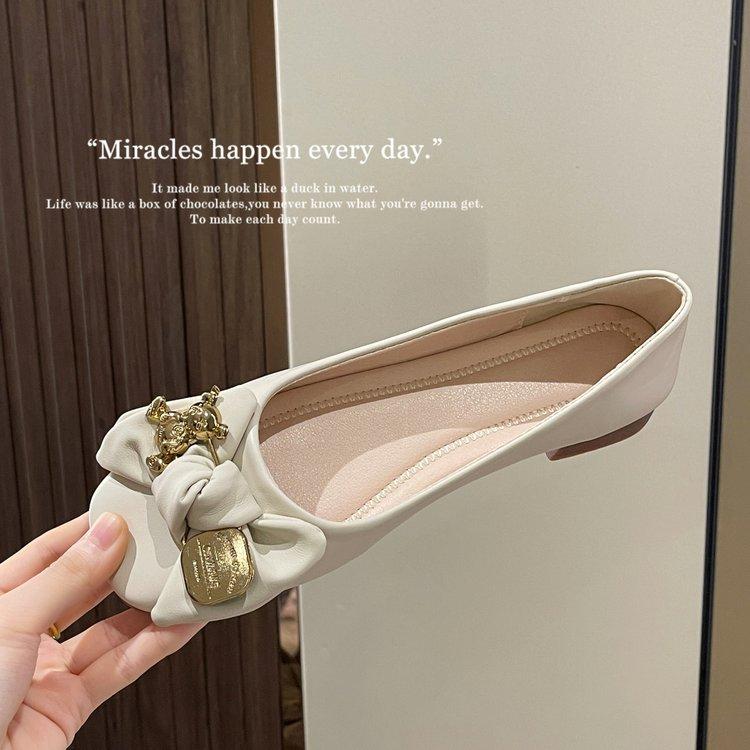 Elegant Bowknot Ballerina Women's Shoes Square Toe Low Heel Shoes Comfort Slip-On Ladies Leather Soft-soled Single Shoes Women