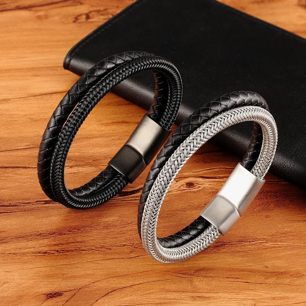 Classic Style Leather with Stainless Steel Stitching Combination Men's Bracelet Black/Steel Buckle Party Accessories Gift