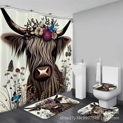 Duschvorhang-Set mit Kuhmuster und Blumenkranz - Badezimmerdekoration, Wasserdichtes Gewebe, Anpassbare Bilder, 4-teiliges Set