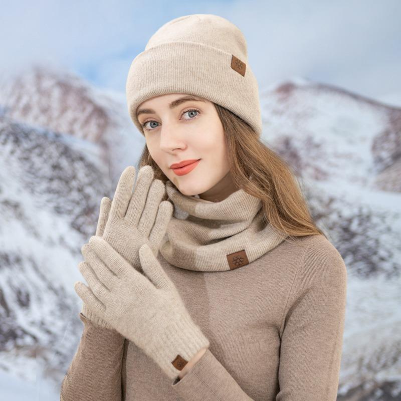 Winter Adult Women's Hats, Scarves, Gloves, Three-piece Set, Knitted Brushed Touch-screen Gloves, Outdoor Warm Suit