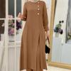 Available: Middle Eastern Muslim Women's Elegant Two-Piece Set - Solid Color Long Shirt with Side Slit and Wide-Leg Pants.