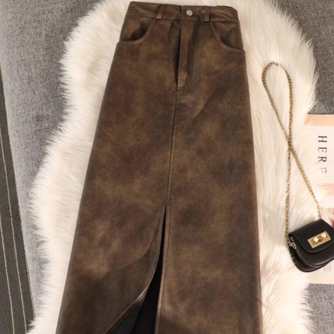 

Жіноча осінньо-зимова спідниця-олівець міді з високою посадкою, ретро, шкіряна, кольору майярдового коричневого з розрізом M