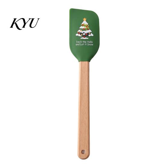 Cookie Dough Mixing Tool Silicone Spatula with Wooden Handle, Christmas Tree/Snowman/Santa Claus/Elk Pattern Themed Kitchenware Decor, Heat Resistant