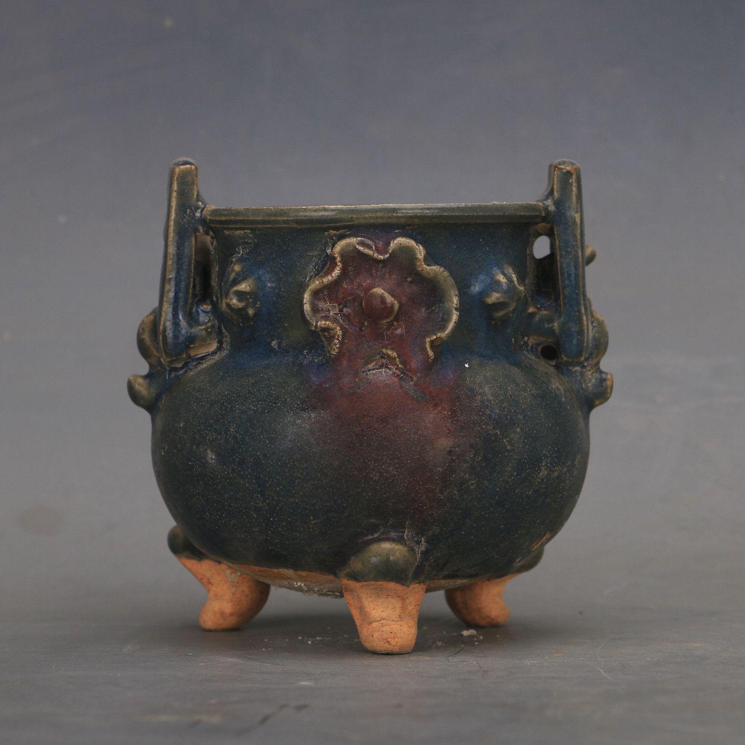 

Blue Glaze Flower-Inlaid Triple-Legged Incense Burner - Double Ear Antique Display Piece