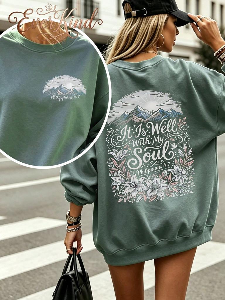 Women Lightweight Fall Long Sleeve T-Shirt, Mountain Floral It Is Well With My Soul Print, Gothic Halloween Back To School Vacation Tops
