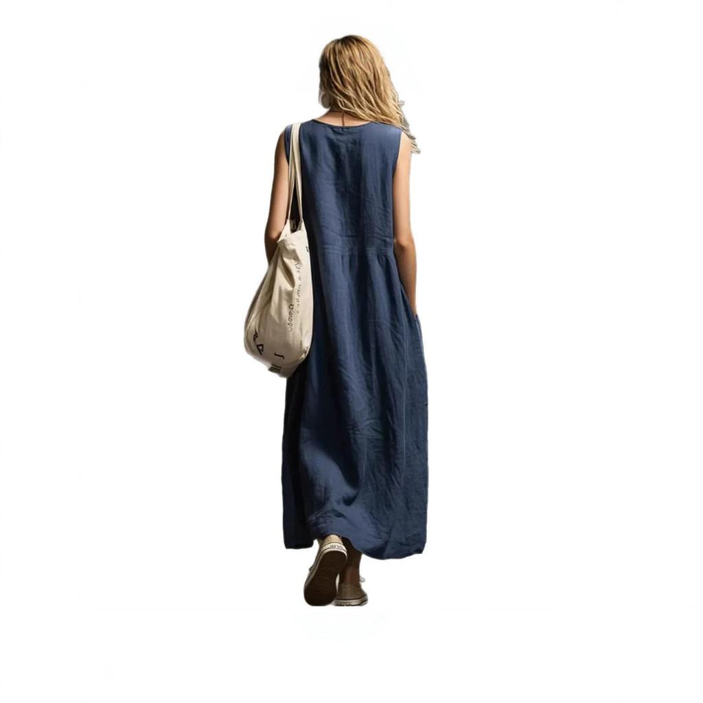 European and American independent station spring and summer new loose sleeveless three-dimensional pocket cotton and linen dress