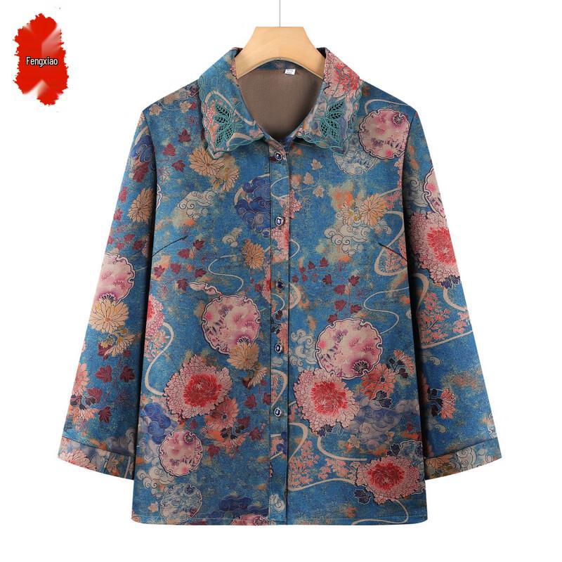 Mid-Aged Women s Chinese Style Floral Print Blouse 3XL