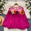 Bluză de damă cu mânecă lungă, gât rotund, stil vintage palat, top plisat cu flori 3D