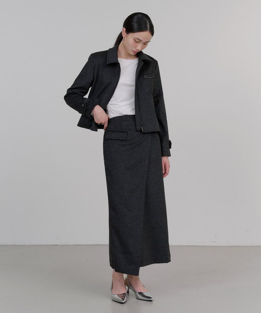 Illoje Asymmetrical Belt Wool Skirt (Charcoal)