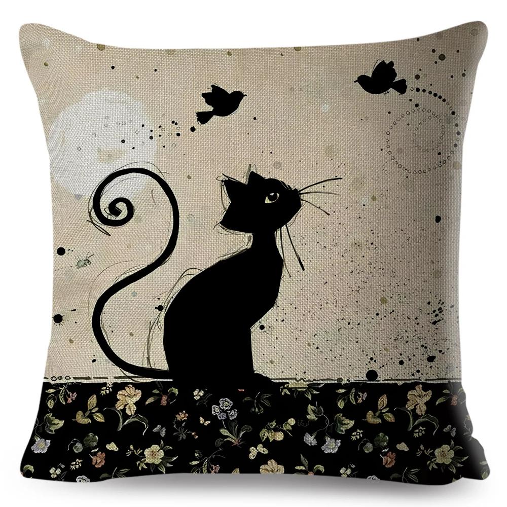 Cute Elegant Black Cat Cushion Cover Double Print Decor Cartoon Animal Pillow Case for Sofa Home Car Linen Throw Pillowcase