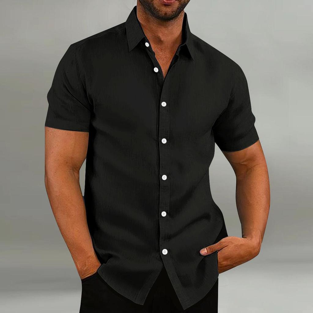 Men's Retro Solid Color Cotton Linen Shirts Casual Summer Loose Short Sleeve Lapel Shirt