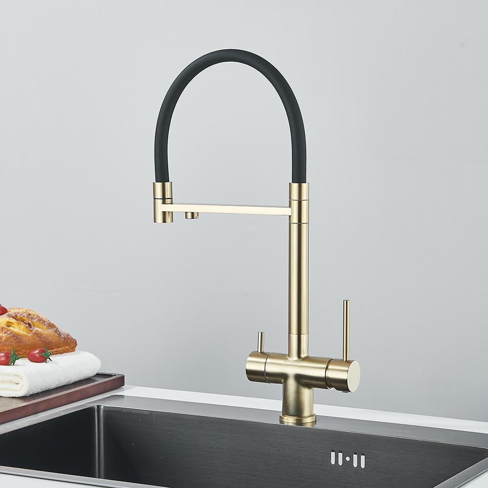 Brushed Gold Kitchen Faucet Purifier Faucets Drinking Water Tap Dual Spout Filtered Crane Hot Cold Mixer Tap Deck Mounted