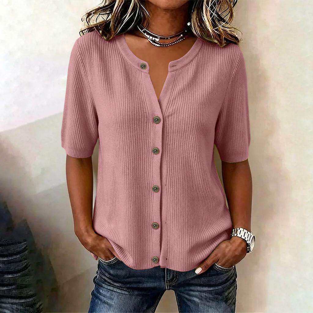 Women Ribbed Knit Short Sleeve Button Up Top V Neck Lightweight Casual Blouse Summer Wear Slim Fit Soft Fabric