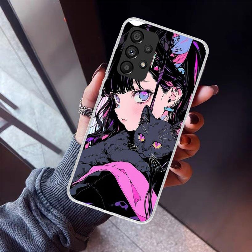 Anime Girls Cute Black Cat Phone Case For Samsung Galaxy A17 A57 A37 A16 A26 A36 A56 A15 A25 A35 A55 A14 A13 A54 A53 A34 A24 A33