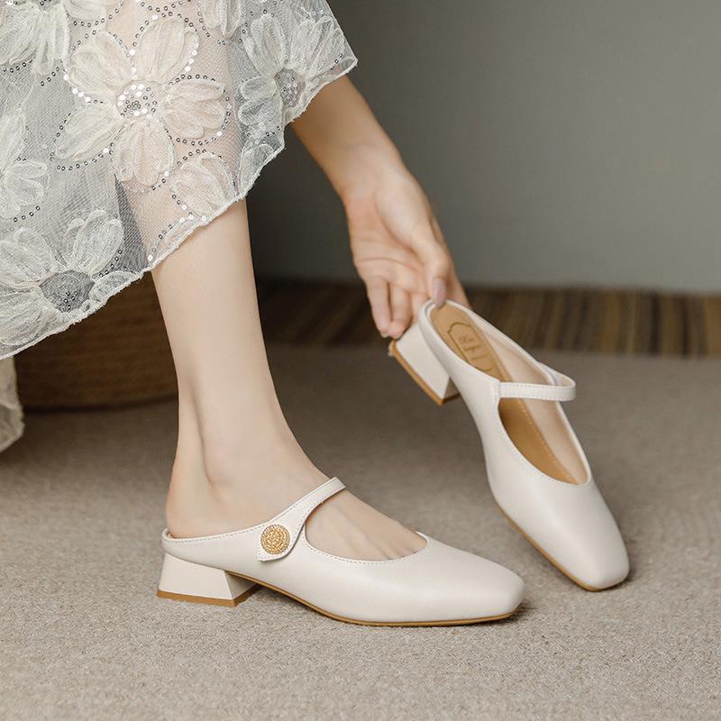 

Женские шлепанцы из натуральной кожи на массивном каблуке с острым носком - Универсальный французский стиль для весны/лета 41