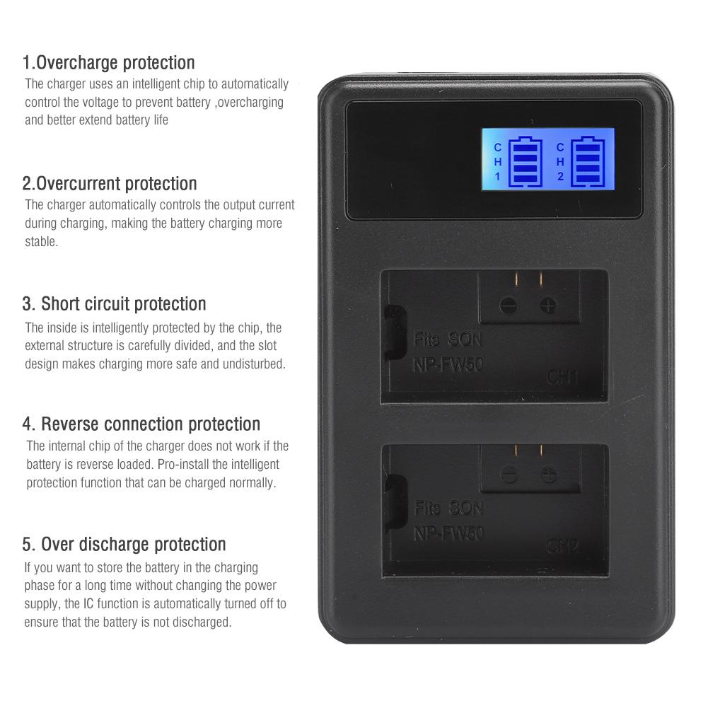 SEIVI Portable  LCD Electric Quantity Display Dual Slot Camera Battery Charger for Sony NP FW50 A6300 A6500 A6000 A7r A7