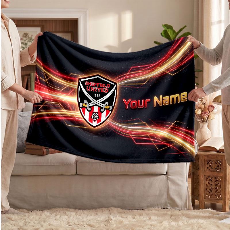 Sheffield United FC Personalized Fleece Blanket With Football Logo, Custom Name Text Soft Warm Home Throw Blanket