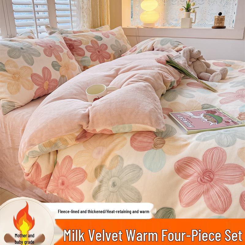 2025 Winter Milk Velvet Bedding Set: Fresh Coral Fleece & Flannel Duvet, Bed Sheet, Pillowcase