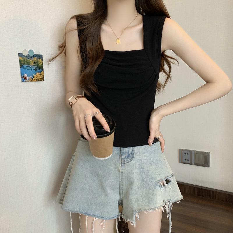 Modal Spicy Girl Square Neck Ruched Tank Top - Women's Slimming Summer Vest