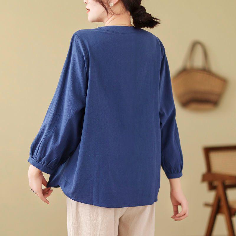 Plus Size Embroidered Cotton Linen Long-Sleeve Cardigan for Women