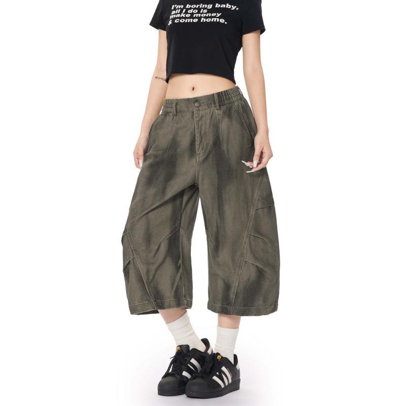 

Washed Ink Splashing Dirty Dyed Pleated Tooling Shorts Men s and Women s Retro Loose Wide-leg Couple Jeans S зелёный