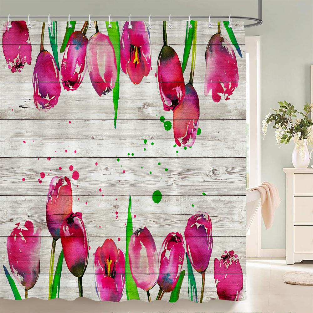 Colorful Tulip Pattern Bath Curtain Waterproof Fabric Shower Curtains Flowers Bathtub Screen With Hooks for Bathroom Home Decor