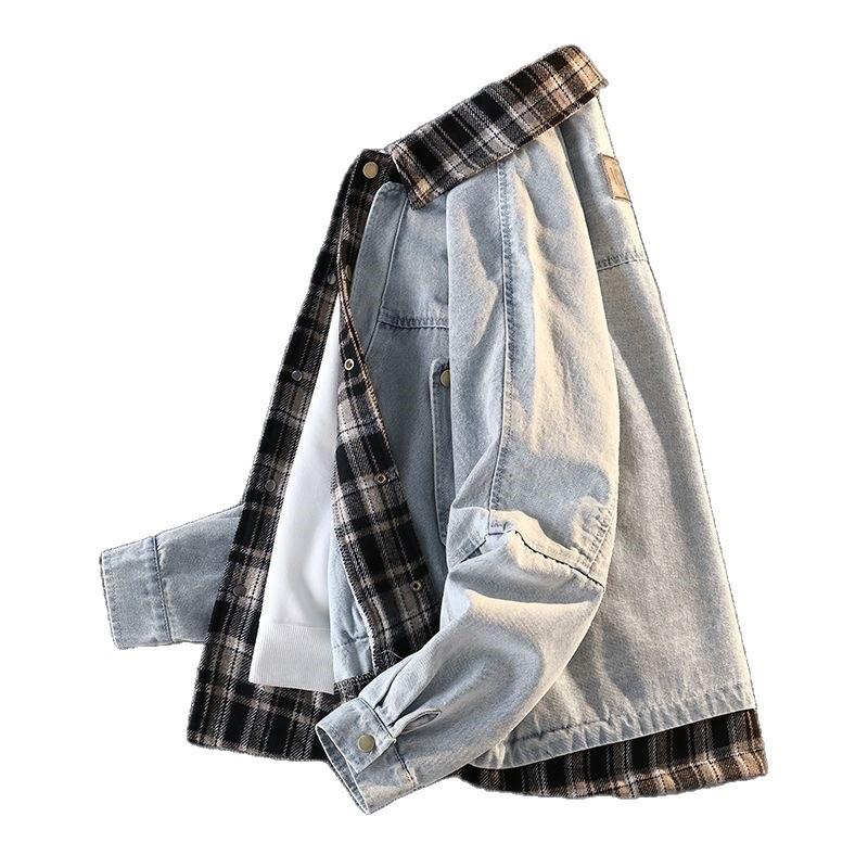 Pánská trendy kostkovaná patchworková džínová bunda 2025 - Falešný dvoudílný vlněný kabát na jaro a podzim