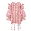 Women Off Shoulder Long Puff Sleeve Plaid Drawstring Bodycon Strapless Dress