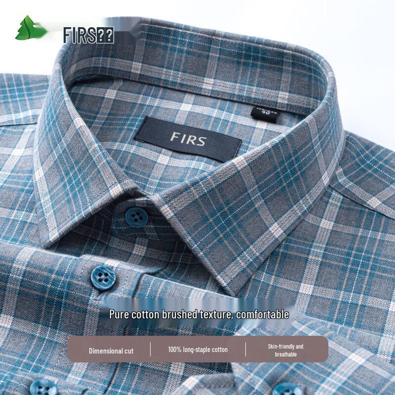 FIRS Men's Pure Cotton Brushed Plaid Long-Sleeve Shirt