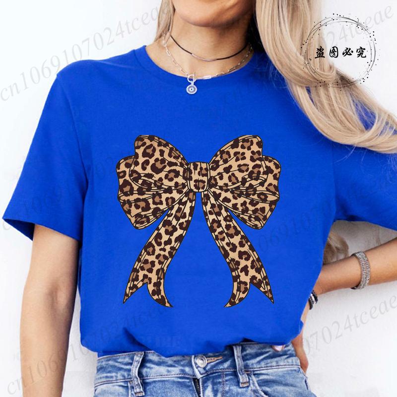 Coquette Bow Leopard Pattern Print TShirts Casual Summer Womens Short Sleeve TShirt Women Clothing Vintage Clothes Y2k Top