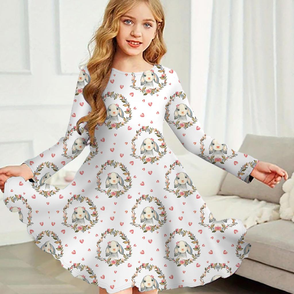 Mädchen Casual Kaninchen Druck Rundhals Langarm Kleid Kind Prinzessin Kleid