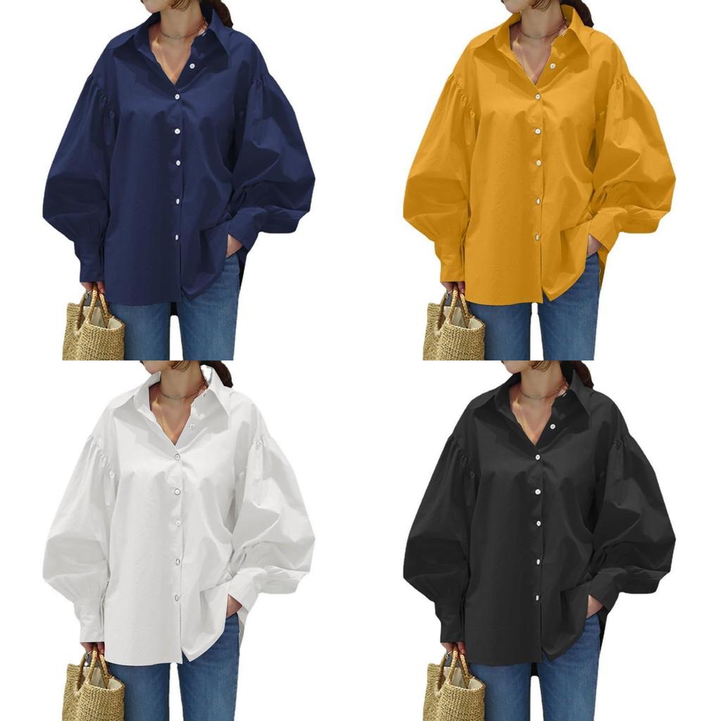 Womens Casual Shirt With Lantern Sleeves And Splicing For Office Wear And Spring
