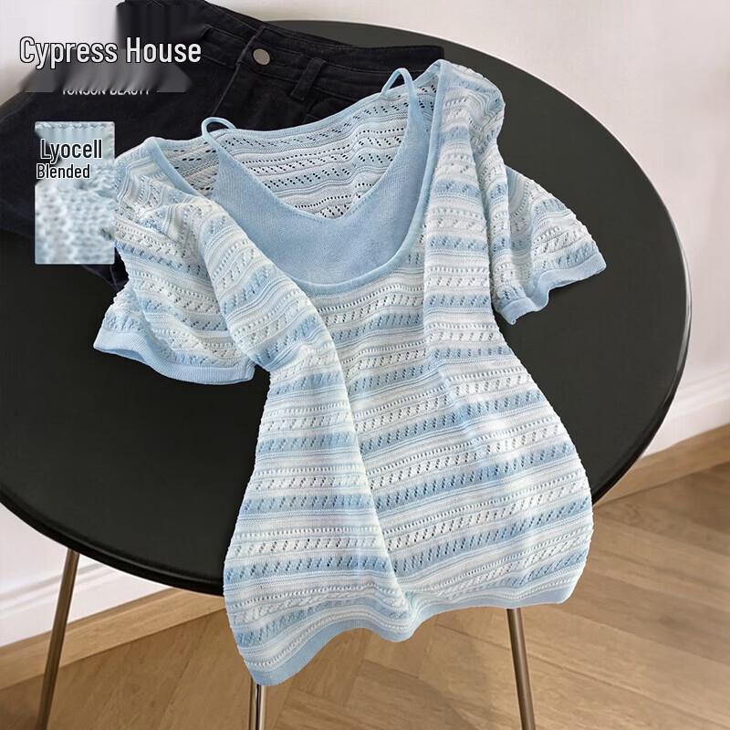 Women s Striped Mock Two-Piece Knit Short Sleeve Top One Size