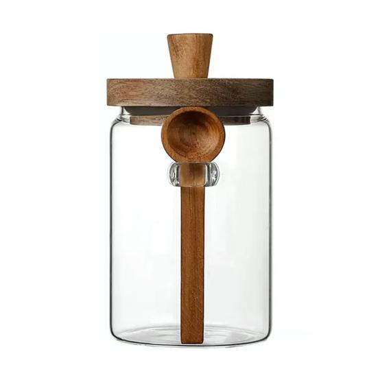 Glass Airtight Canister Sealed Jar with Wooden Spoon Transparent Food Storage Jar for Spice Coffee Beans Kitchen Pantry Supplies