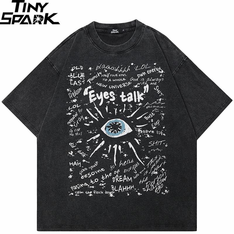 Hip Hop Streetwear Vintage Washed Black TShirt Eye Graffiti Graphic T Shirt Cotton Unisex Tshirt Men Tops Tee Dope Hipster